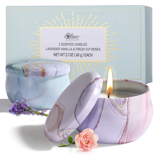 2-Pack Soy Candles Gift Set - Lavender Vanilla Rose Scents in Portable Tin Jars - For Home Travel Spa